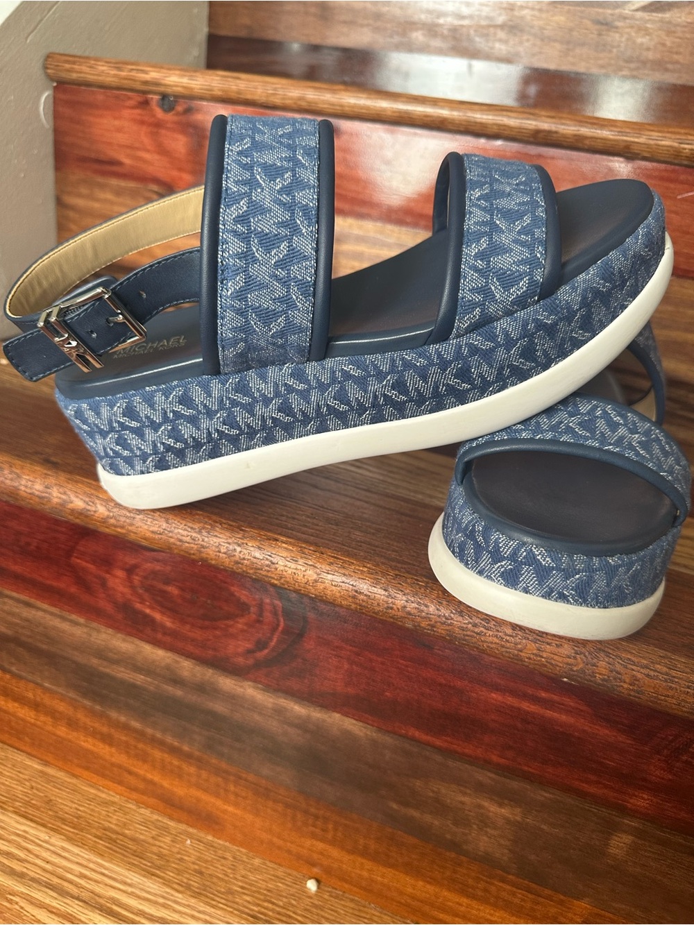 Michael Kors Blue Denim-Print Platform Sandals